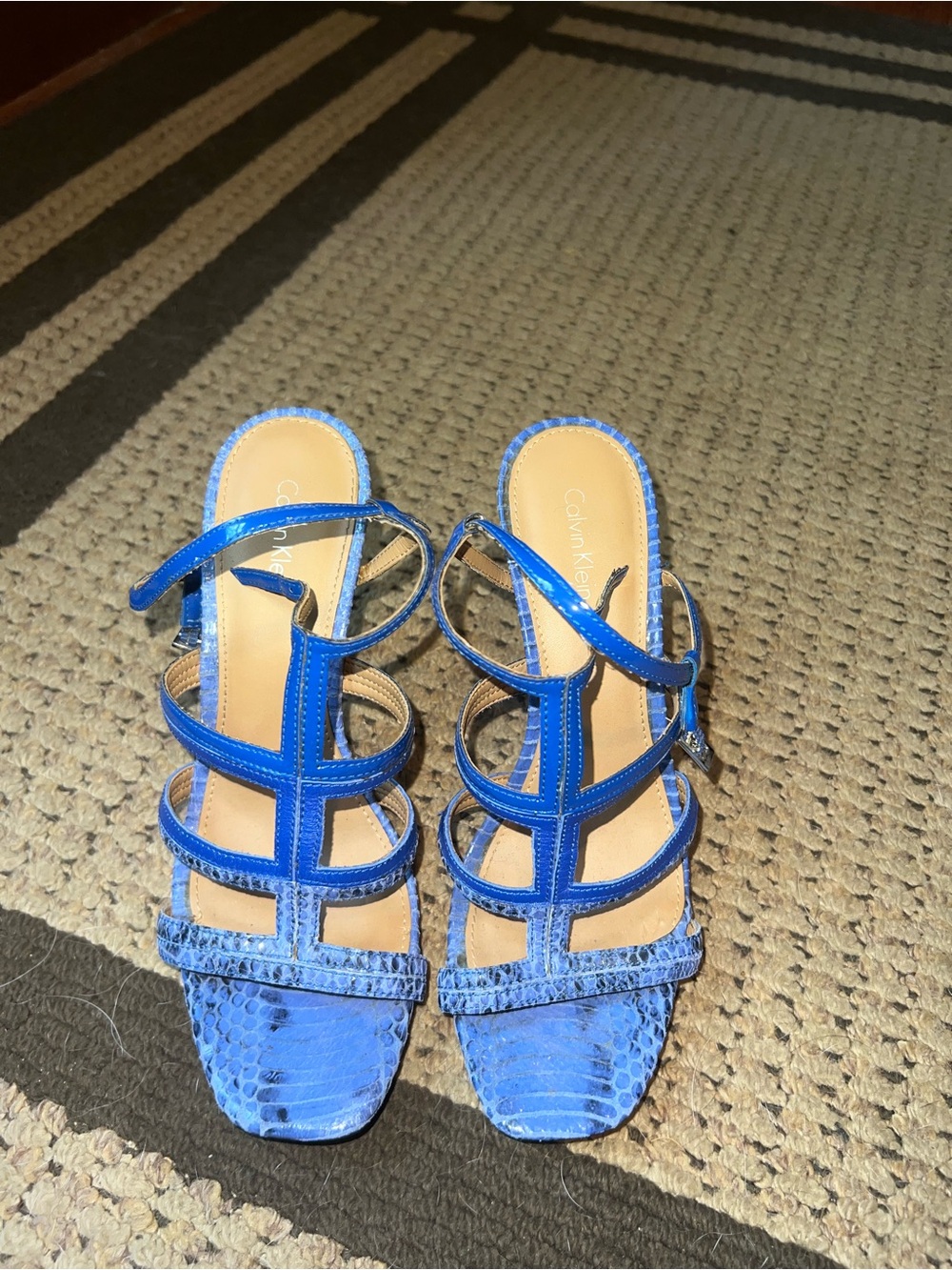 Calvin Klein Electric Blue Strappy Snake-Print Heels